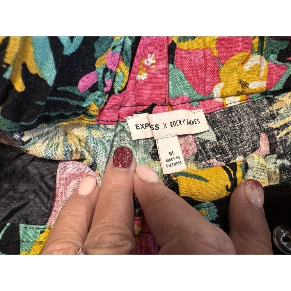 Express X Rocky Barnes Shorts Womens Size M High Waisted Floral Linen Paper Bag - Picture 5 of 9